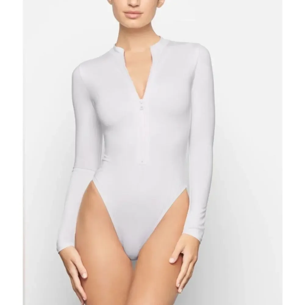 SKIMS SIZE 4X ZIP UP FRONT LONG SLEEVE SWIM ONE PIECE MARBLE WHITE NWT